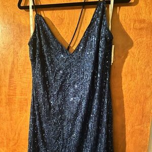 David's Bridal Midnight Blue Sequin Backless Dress